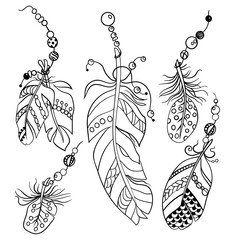 Set of five feathers in tribal american ethnic style in coloring page in vector