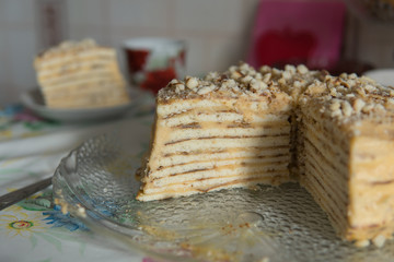 Close up of a home cake on table.