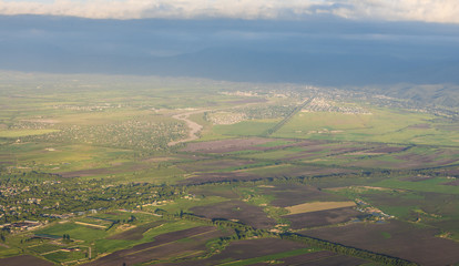 the landscape of green fields from the air