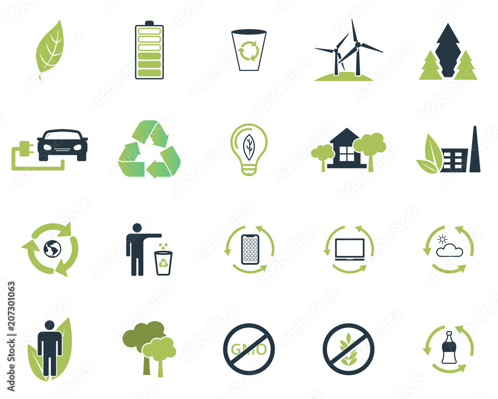 Poster set vector ecology icons collection in flat design two colors. clean air, recyclable item for web de