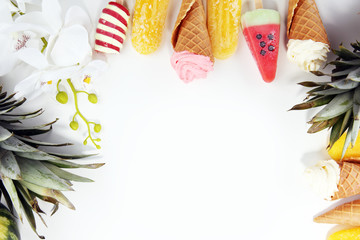 Vanilla frozen yogurt or soft ice cream in waffle cone.