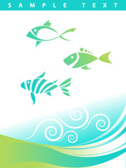 Blue abstract aquatic background with three cool abstract fish. Great as a template