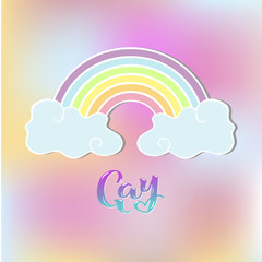 Vector illustration with Rainbow Gay. Handwritten lettering Gay is on pastel colors background. Gay Pride poster. Homosexuality emblem. Template for LGBT rights concept, gay parade, party