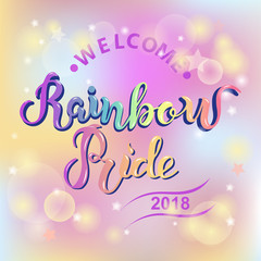 Rainbow Pride text is on pink background.