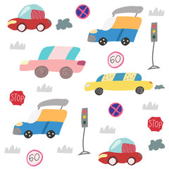 Seamless pattern with hand drawn car on the road. Scandinavian style for kids.