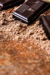 Chocolate pieces on chocolate powder. Copyspace

