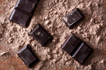 Chocolate pieces on chocolate powder. Top view

