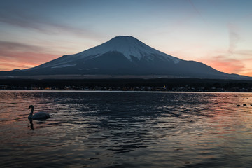 View of Mount Fuji and Lake Yamanakako in winter evening. Lake Yamanakako is the largest of the Fuji Five Lakes.