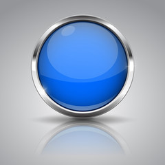 Blue button with chrome frame on gray background. Round glass shiny 3d icon