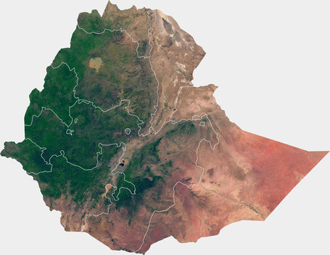 Large (14 MP) satellite image of Ethiopia with inner (regions) borders. Country photo from space. Isolated imagery of Ethiopia. Elements of this image furnished by NASA.