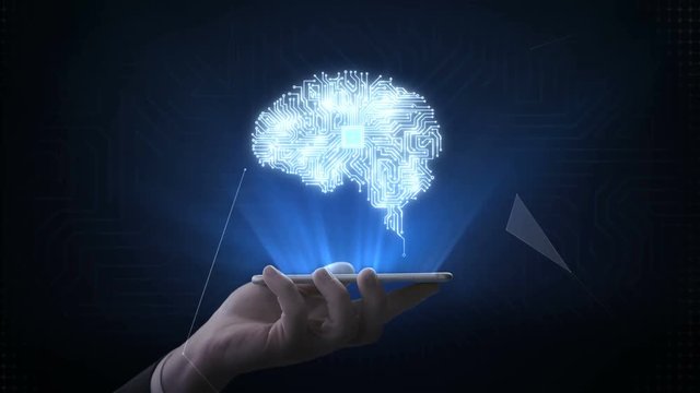 Lifting smart phone, mobile, digital brain connected CPU chip circuit board, 4K movie.grow artificial intelligence.2.