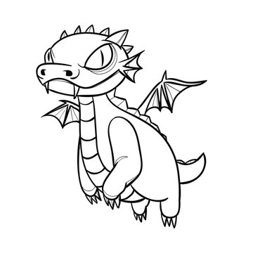 Hand Drawn Baby Dragon Character. Black and white sketch version without color.