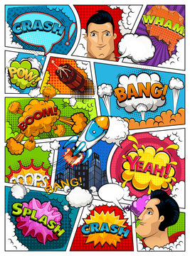 Comic book page layout divided by lines with speech bubbles, city, rocket, superhero and sounds effect. Retro background mock-up. Illustration