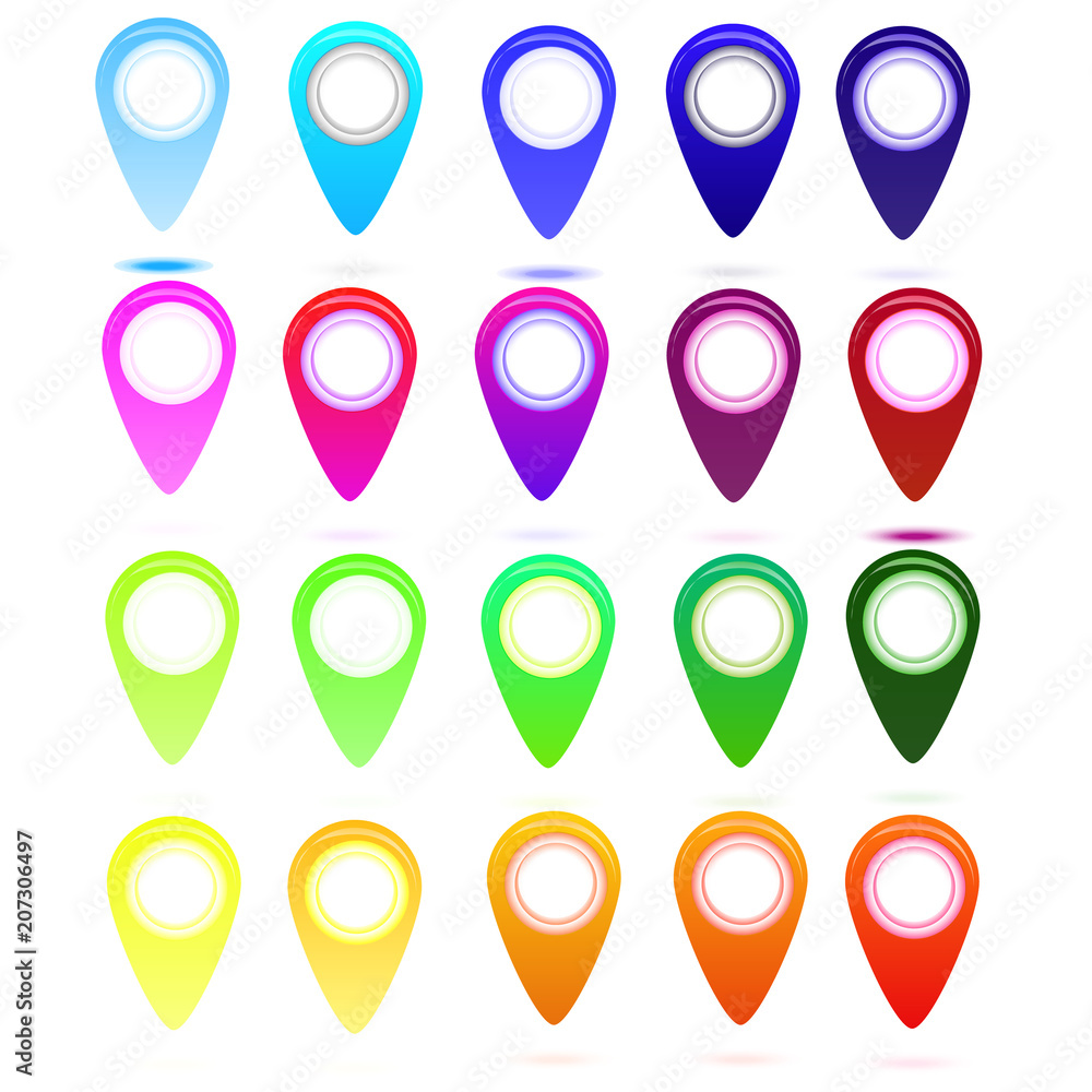 Poster Multicolored glossy map point symbols set for the world map, arrows web icon, mesh object, infographics, design