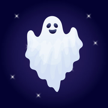Vector illustration, cartoon Halloween ghost character on a dark background.