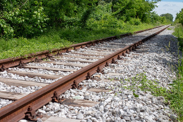 Fototapeta premium Old railway tracks going into the distance, surrounded with trees and greenery 