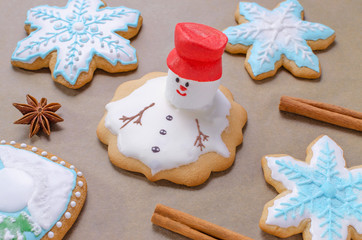 baking of christmas gingerbread like melting snowman and snowflakes