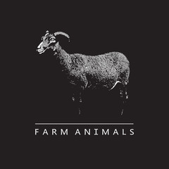 Goat - black and white vector illustration. Cute farm animal image in profile in engraving style, isolated on black background. Portrait side view, graphic design element for logo or template.