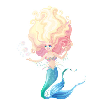vector cartoon cute mermaid, little jellyfishes Fairy sea
