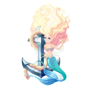 vector cartoon cute mermaid and anchor with rope Fairy sea 1