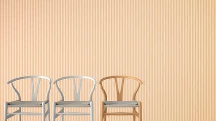 Minimalist architect designer concept with three classic wooden and pastel chairs on orange striped wallpaper background, living room interior design with copy space