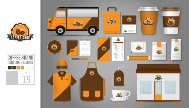Corporate identity template Set 19. Logo concept for coffee shop, cafe, restaurant. Realistic mock up template set of store, car, polo shirt, apron, cap, cup, menu