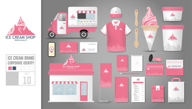 Corporate identity template Set 10. Logo concept for ice cream shop, cafe, restaurant. Realistic mock up template set of shop, car, polo shirt, apron, cap, cup, menu, rubber stamp, coupon, package.