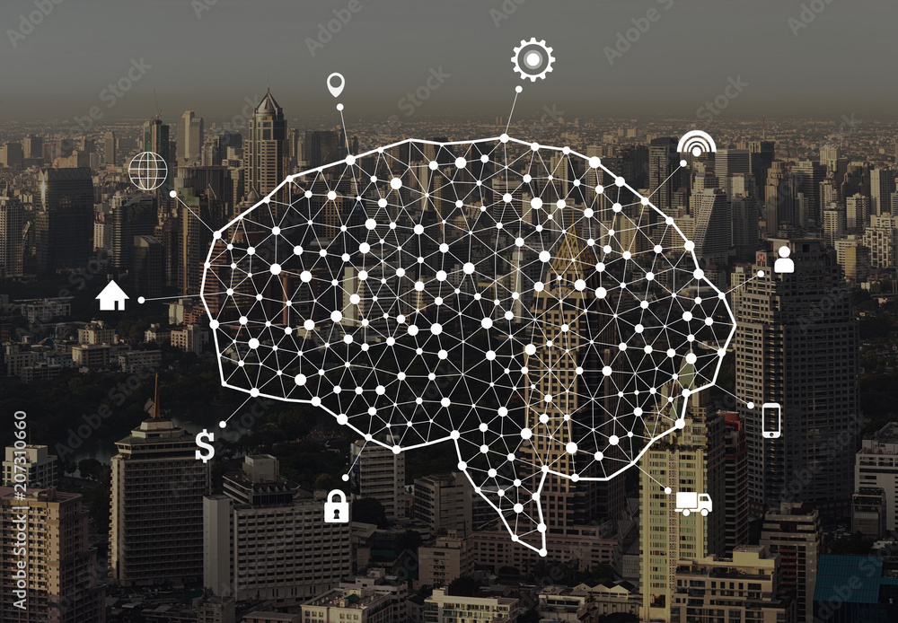 Poster human brain and infographic template and connection lines on city background in the form of artifici
