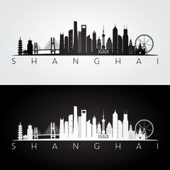 Obraz premium Shanghai skyline and landmarks silhouette, black and white design, vector illustration.