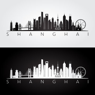 Shanghai skyline and landmarks silhouette, black and white design, vector illustration.