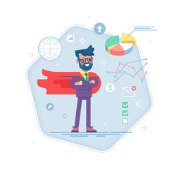 Handsome man with beard in a business suit and red cape superhero is standing in a confident pose with his arms crossed with office process icons on background. Vector.