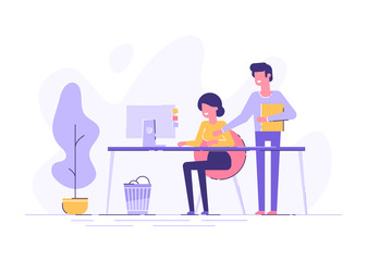 Young woman is sitting at a desk with computer and her boss is pointing to a screen and giving task. Office business concept. Modern vector illustration.