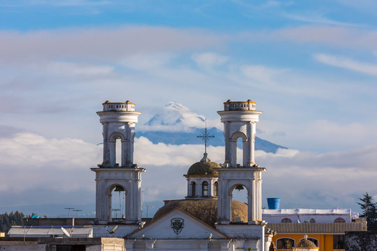 Ecuador Latacunga town Merced church with Cotopaxi volcano in the background  at sunrise