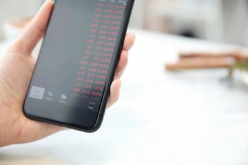 Female hand with smartphone trading stock online in coffee shop , Business concept