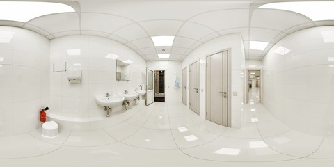 360 panorama of the common room with washbasins in a private medical clinic with several sinks and...
