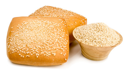 buns with sesame seeds and sesame seeds isolated on white background