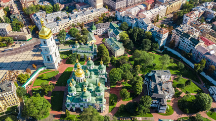 Fototapeta premium Aerial top view of St Sophia cathedral and Kiev city skyline from above, Kyiv cityscape, capital of Ukraine 