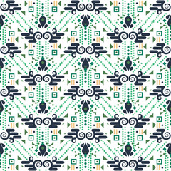 Ethnic geometric seamless vector pattern. Geometric shapes and dots blue and green repeat background for print materials.