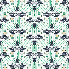 Ethnic geometric seamless vector pattern. Geometric shapes and dots blue and green repeat background for print materials.