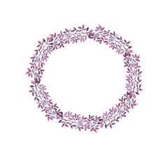 Violet and pink leaves and branches wreath isolated on white background. Hand drawn watercolor illustration.