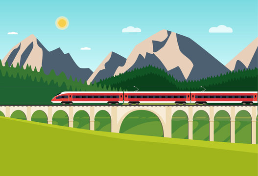 Train on railway and bridge with forest and mountains. Vector flat style illustration