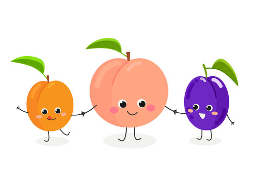 Vector illustration of cute cartoon peach, plum and apricot