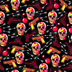 Original seamless pattern with bright skulls, guns, arrow and bombs. Crazy background with dangerous pink element in style pop art. 