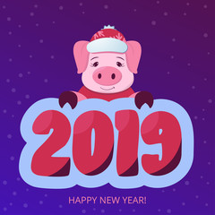 Chinese New year 2019. Cute pig on the violet gradient   background. Horoscope. Christmas banner. Cartoon vector illustration. Print or sticker. Web poster. Animal, totem, symbol