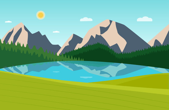 Summer landscape with forest, mountains and laker. Vector flat style illustration