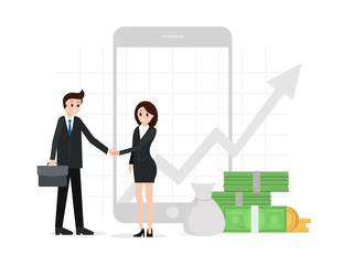 Agreement between two business partners. Finance chart, money, profit on background