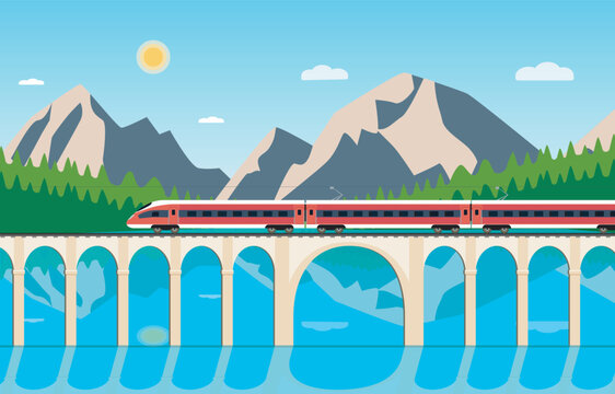 Train on railway and bridge with forest, mountains and river. Vector flat style illustration