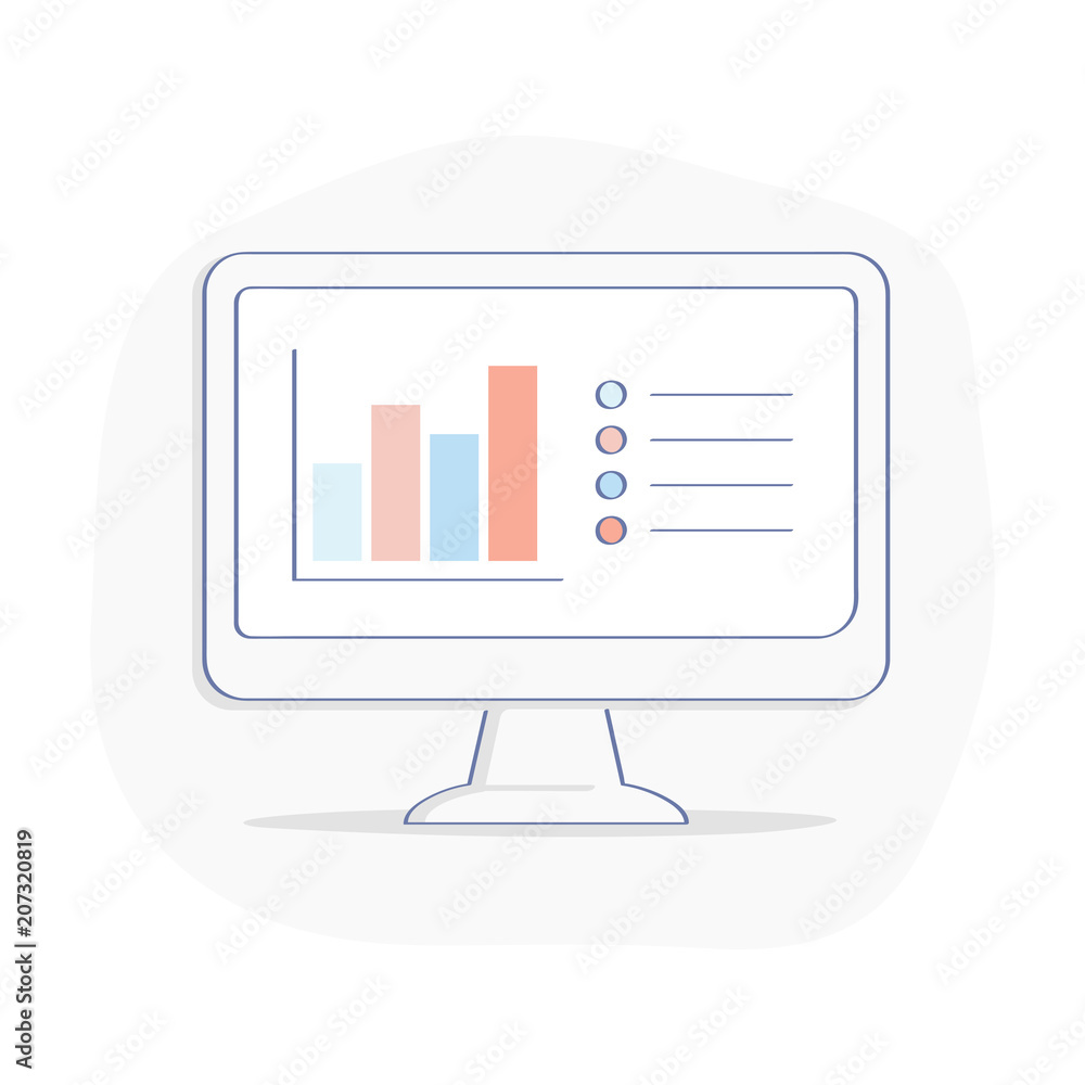 Fototapete Computer Display with Graphs, Chart Bars and Financial Analytics. Business and fin-tech, financial symbol concept design, analytics dashboard on Monitor. Flat outline vector illustration template.