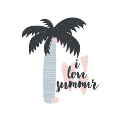 Card with calligraphy lettering scandinavian style isolated with cute palm and heart. Vector illustration. Can be used as card, poster, t-shirt print, banner, brochure. I love summer