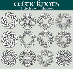 Celtic knots, circles with shadows. Set of 12 circles with celtic patterns to use in tattoos or designs.
